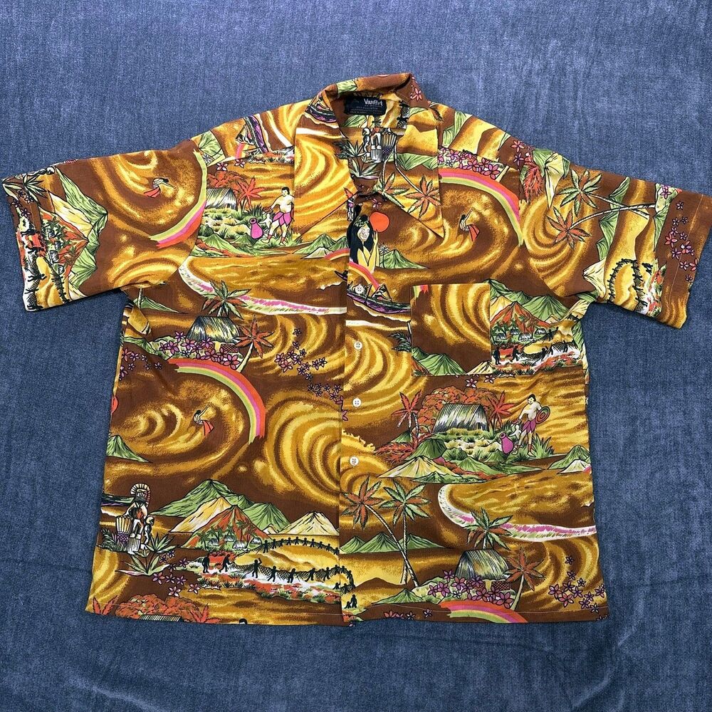 Van Cort Vintage 70s Hawaiian Shirt Mens XL Brown Aloha Camp Mod Polyester